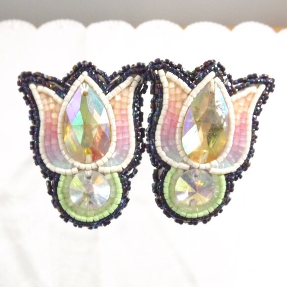 Beaded Floral Earrings with Iridescent Cabochons - Picture 5 of 5